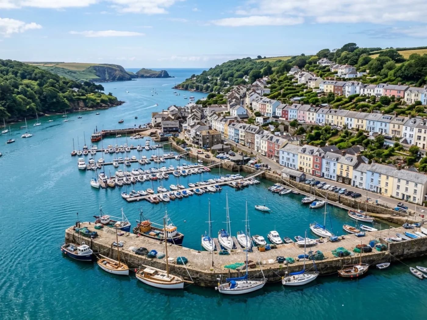 Aerial photograph of a South Devon harbour town with boats on the water and the working quay in view