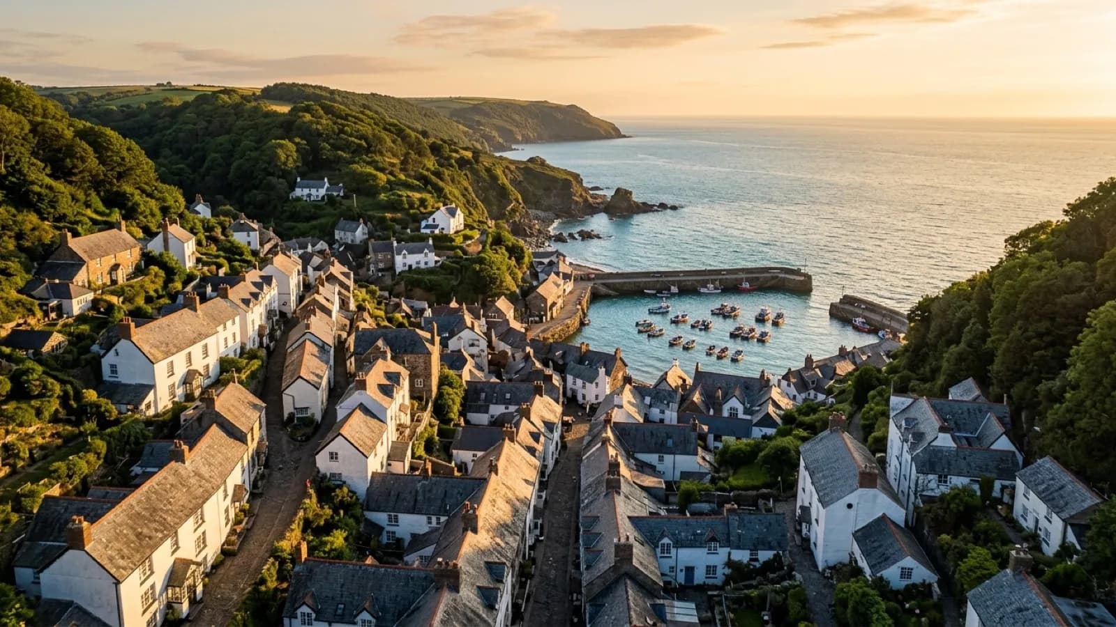 Aerial view over a Devon coastal town at golden hour, warm low sunlight across rooftops and the sea beyond