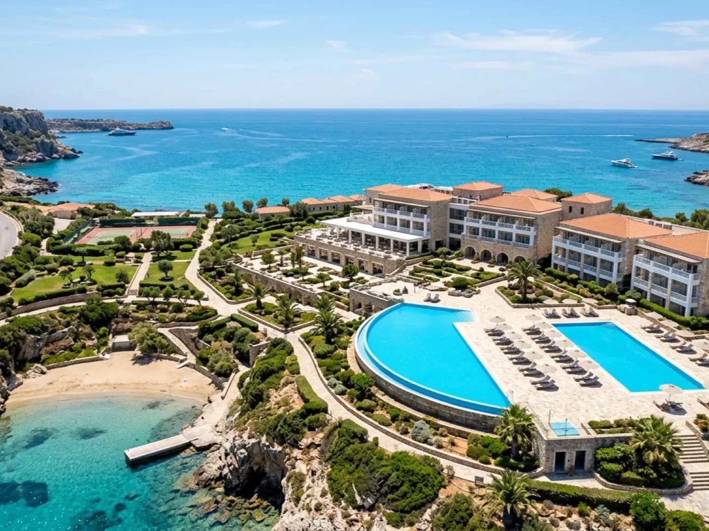 Aerial photograph of a coastal hotel and its grounds, shot for use in marketing and brochure material